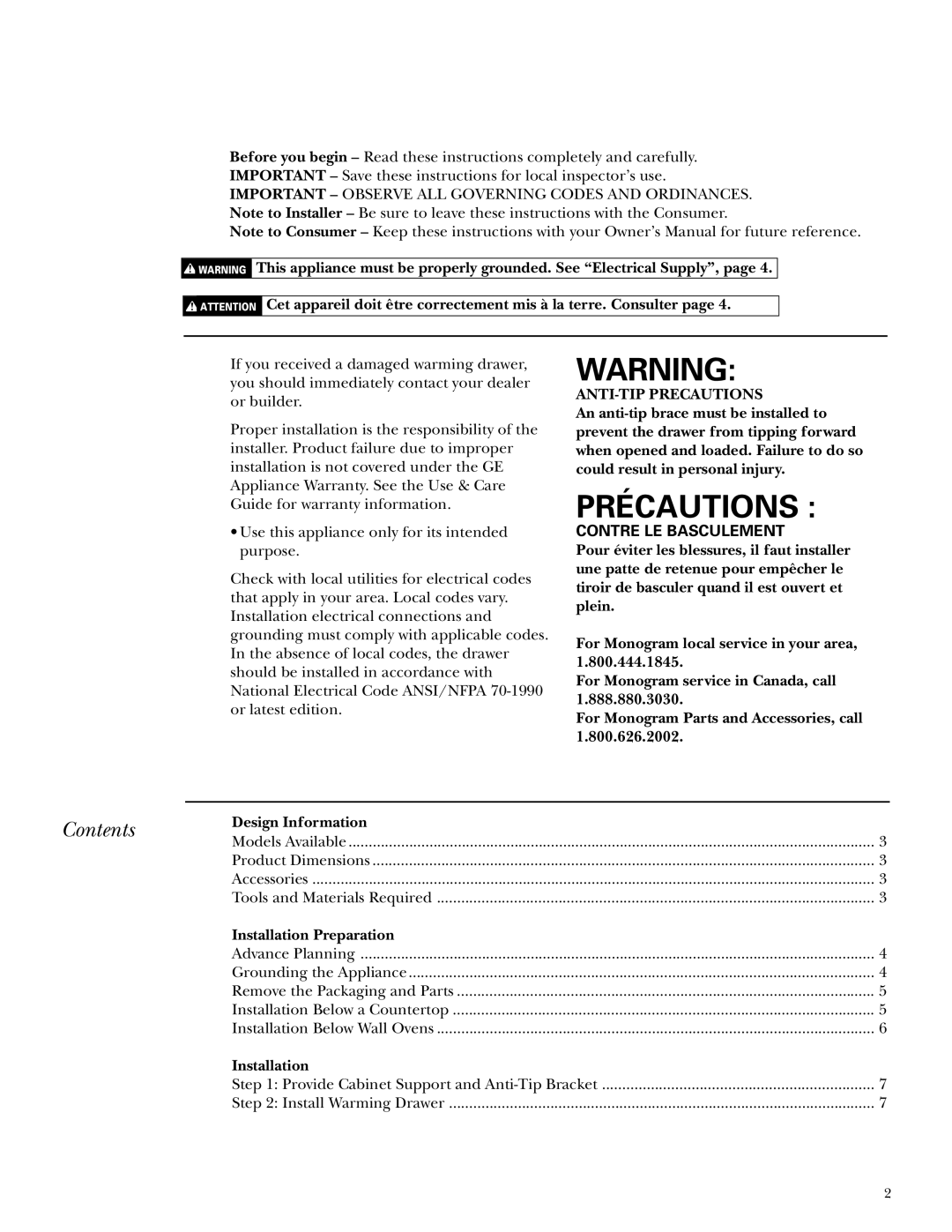 GE Monogram ZTD910, ZKD910 installation instructions Précautions, Contents 