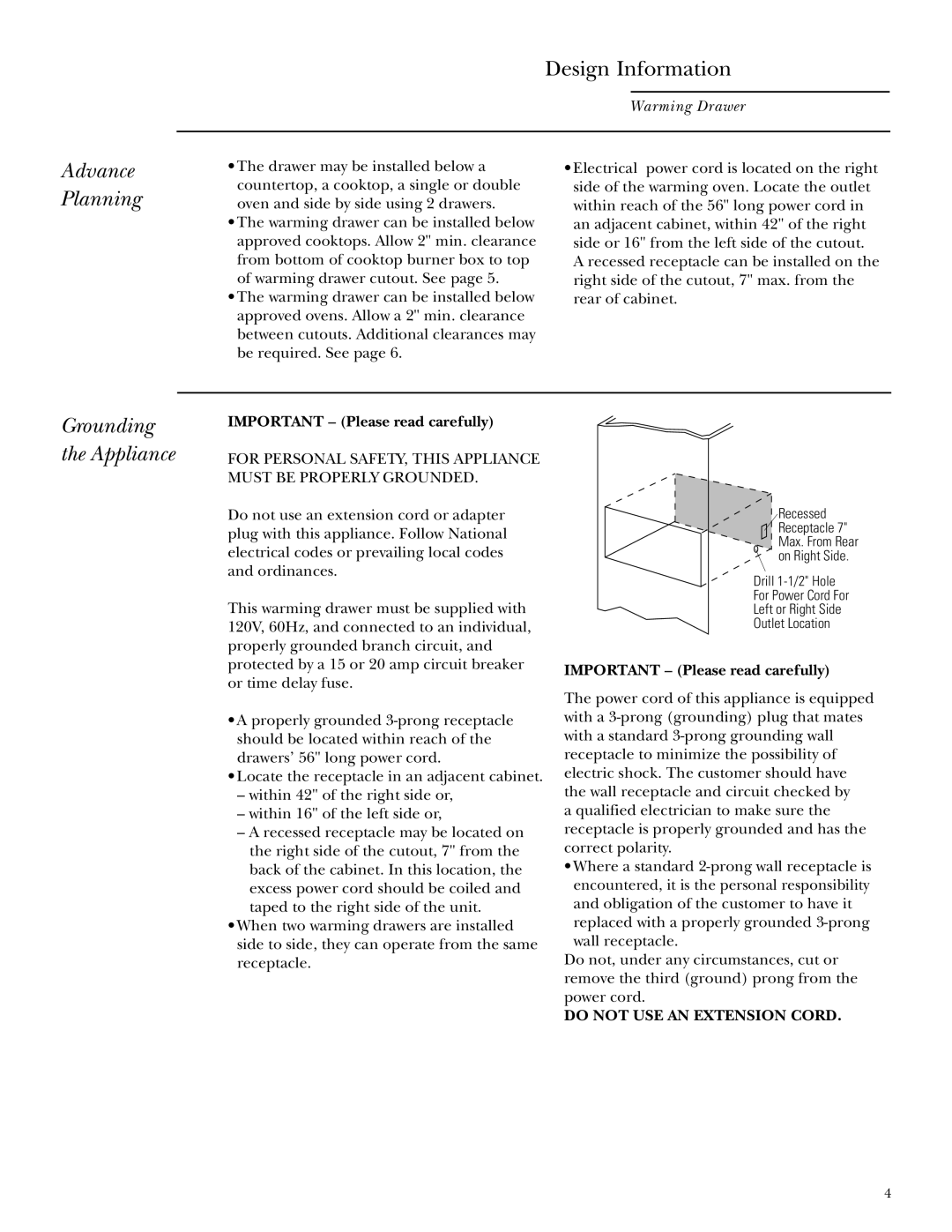 GE Monogram ZTD910, ZKD910 installation instructions Advance Planning, Important Please read carefully 