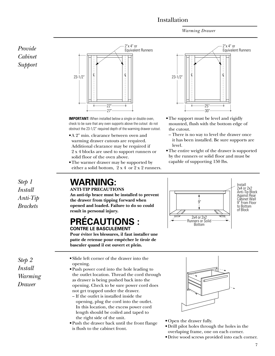 GE Monogram ZKD910, ZTD910 Provide Cabinet Support, Step Install Anti-Tip Brackets, Step Install Warming Drawer 