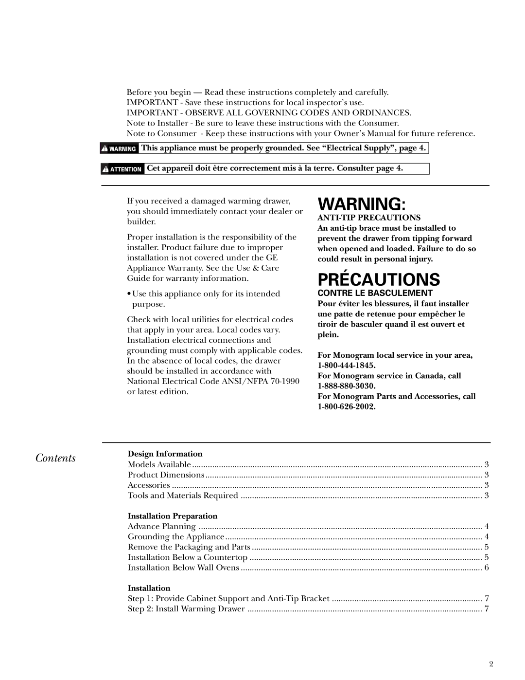 GE Monogram ZTD910, ZKD910 installation instructions Précautions, Contents 