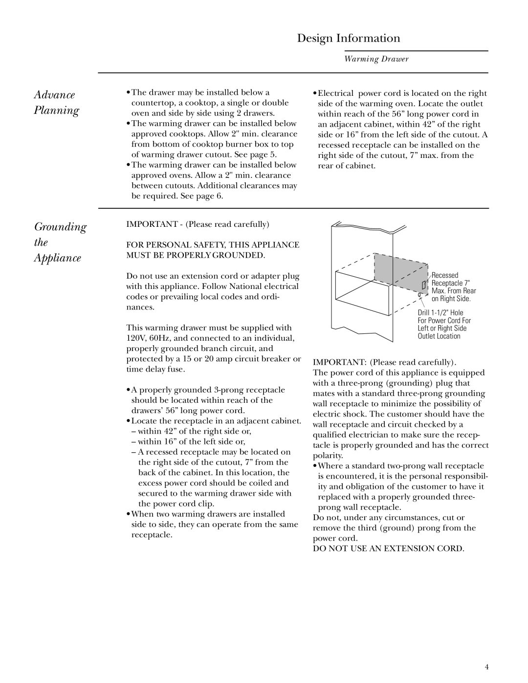 GE Monogram ZTD910, ZKD910 installation instructions Advance Planning, Grounding the Appliance 