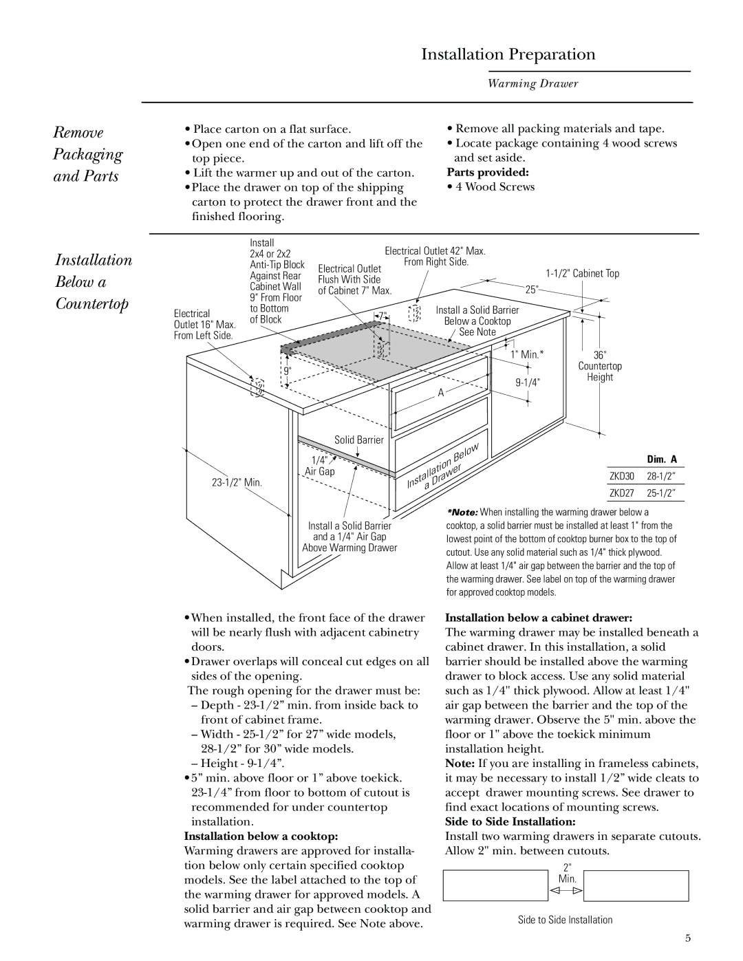 GE Monogram ZKD910, ZTD910 installation instructions Remove Packaging Parts, Installation Below a Countertop 