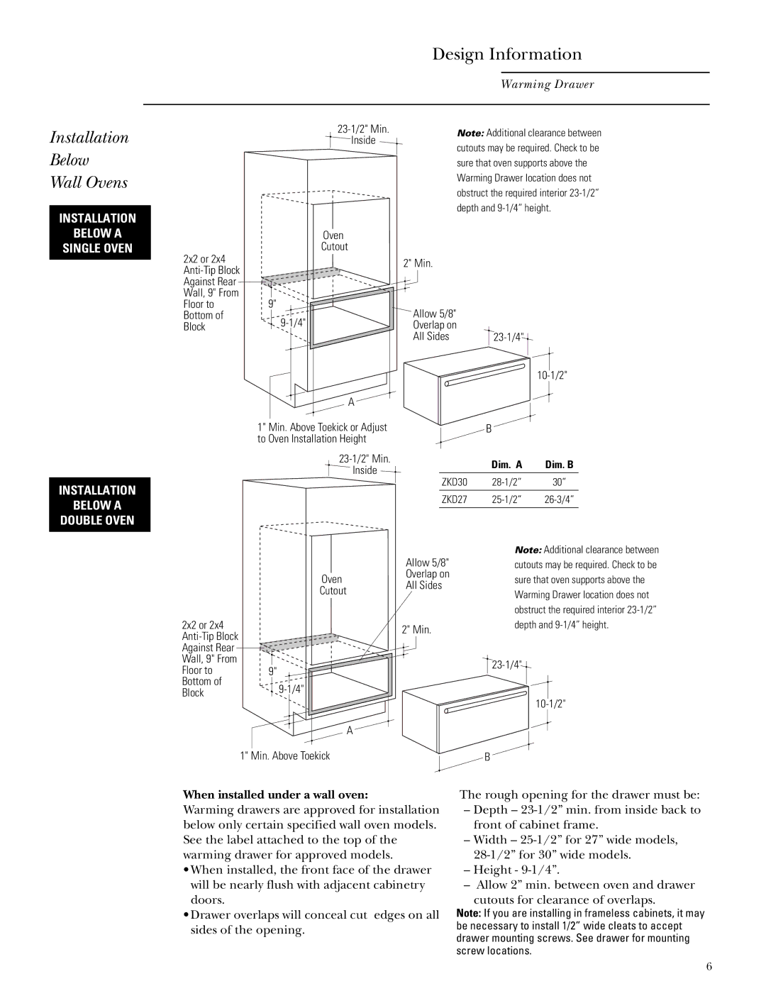 GE Monogram ZTD910, ZKD910 installation instructions Installation Below Wall Ovens, When installed under a wall oven 