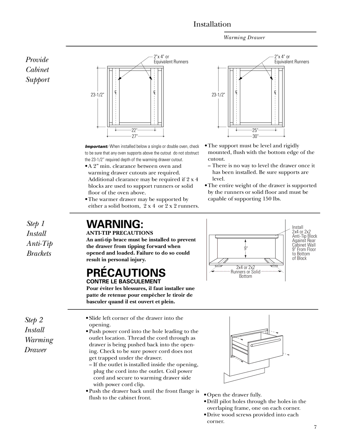 GE Monogram ZKD910, ZTD910 Provide Cabinet Support, Step Install Anti-Tip Brackets, Step Install Warming Drawer 