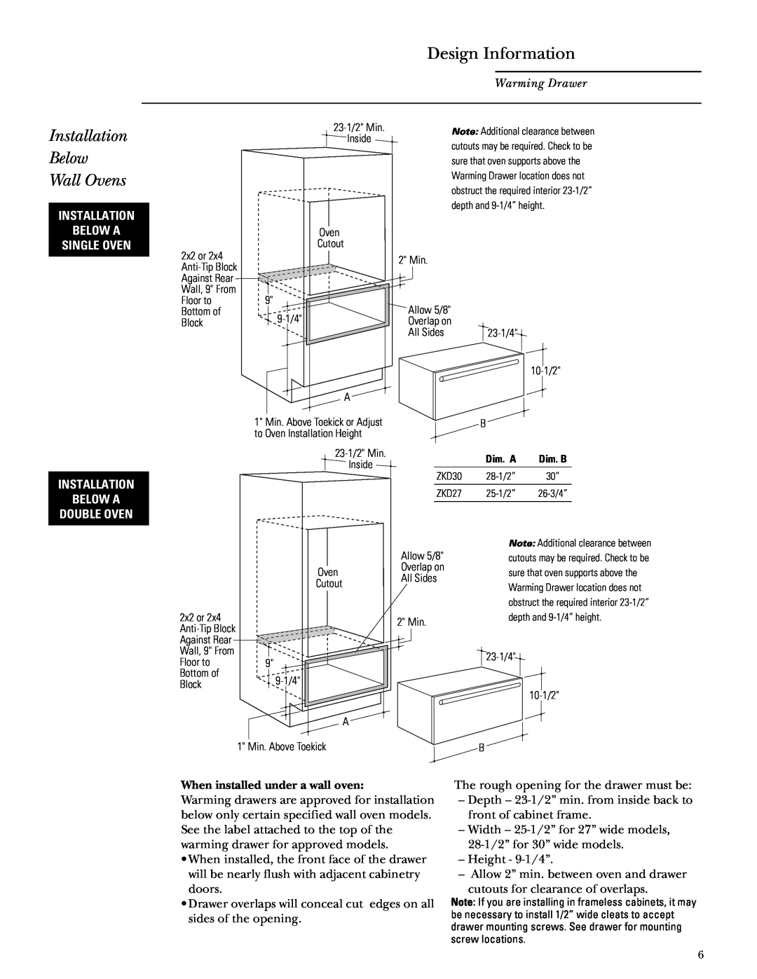 GE Monogram ZTD910, ZKD910 installation instructions Installation Below Wall Ovens, Design Information, Warming Drawer 