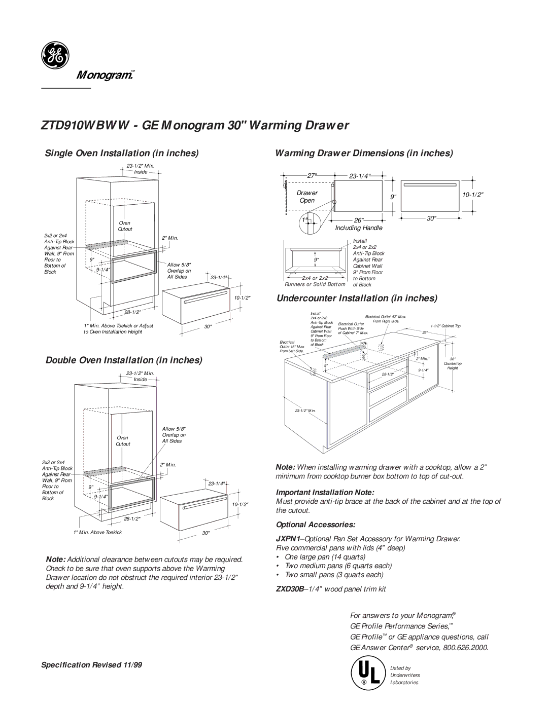 GE Monogram dimensions ZTD910WBWW GE Monogram 30 Warming Drawer, Single Oven Installation in inches 