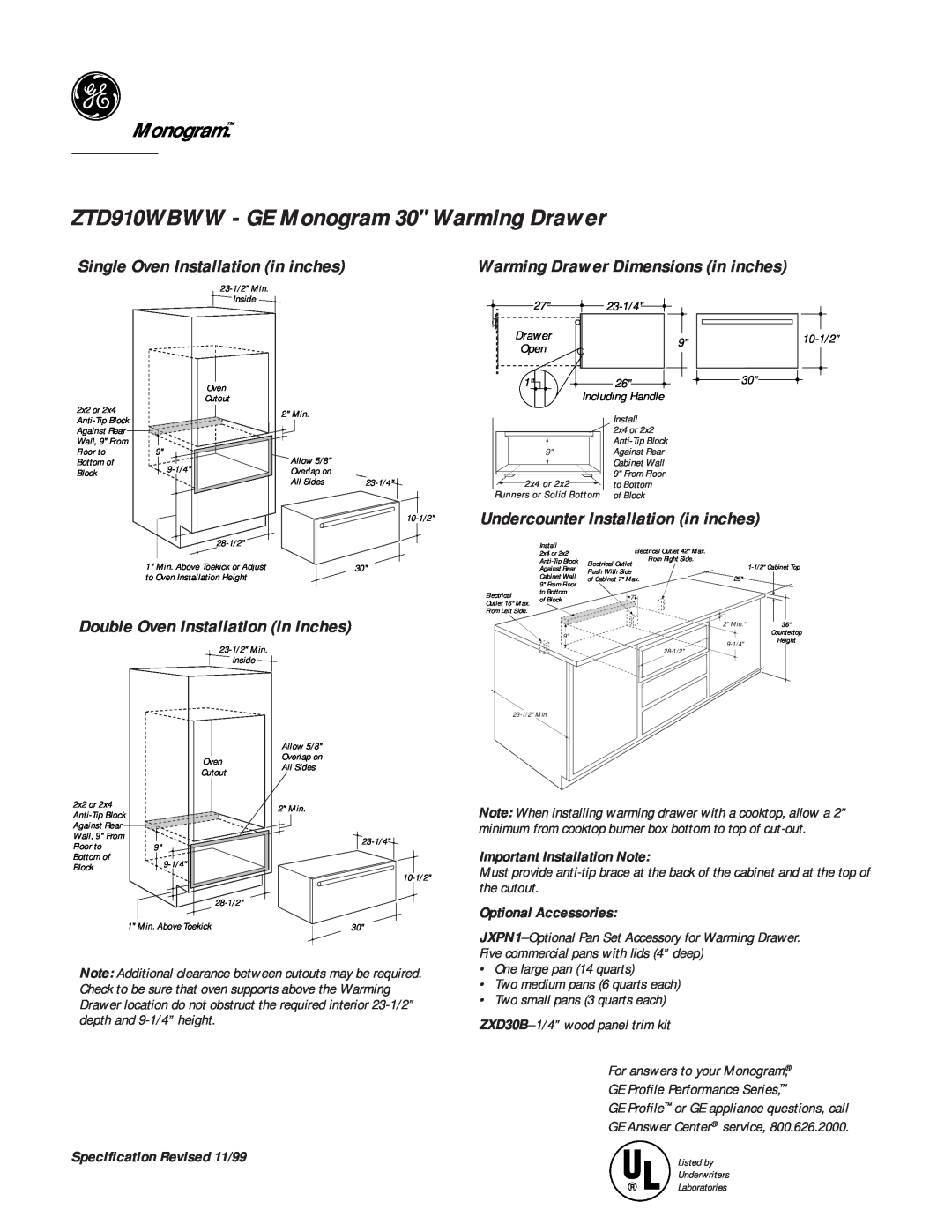 GE Monogram dimensions ZTD910WBWW - GE Monogram 30 Warming Drawer, Single Oven Installation in inches, 23-1/4, 10-1/2 
