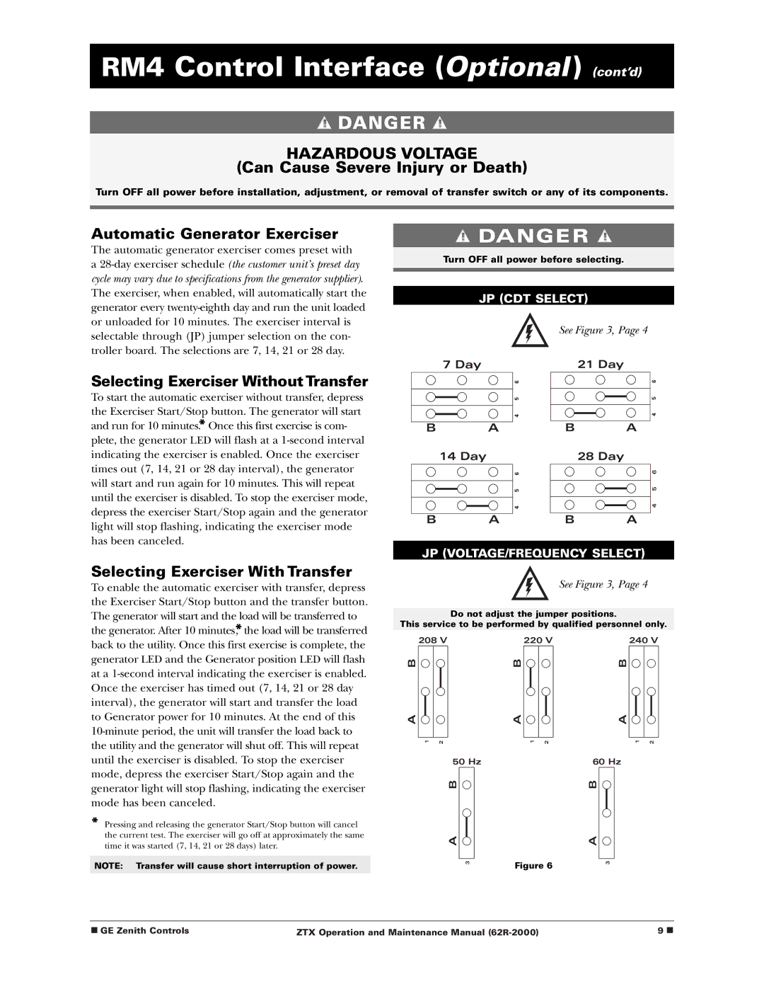GE Monogram Zenith Controls, ZTX manual Automatic Generator Exerciser, Selecting Exerciser Without Transfer 