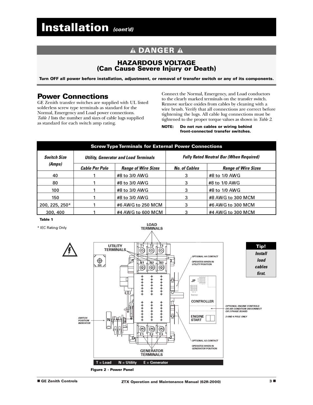 GE Monogram Zenith Controls, ZTX manual Installation cont’d, Power Connections 