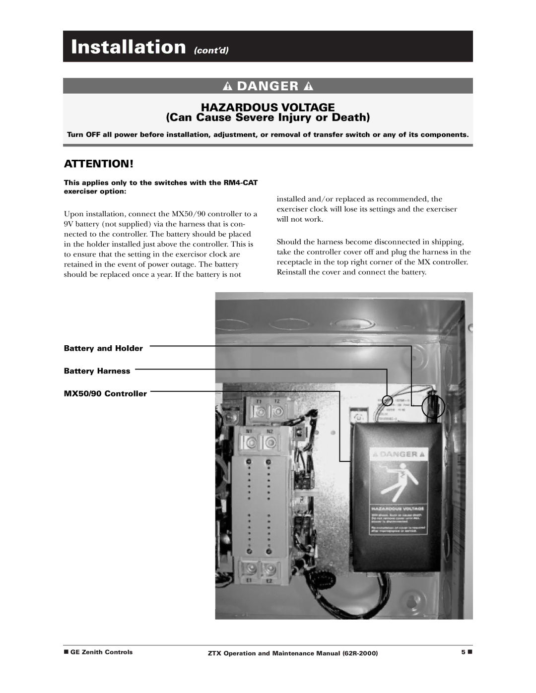 GE Monogram Zenith Controls, ZTX manual Battery and Holder Battery Harness MX50/90 Controller 