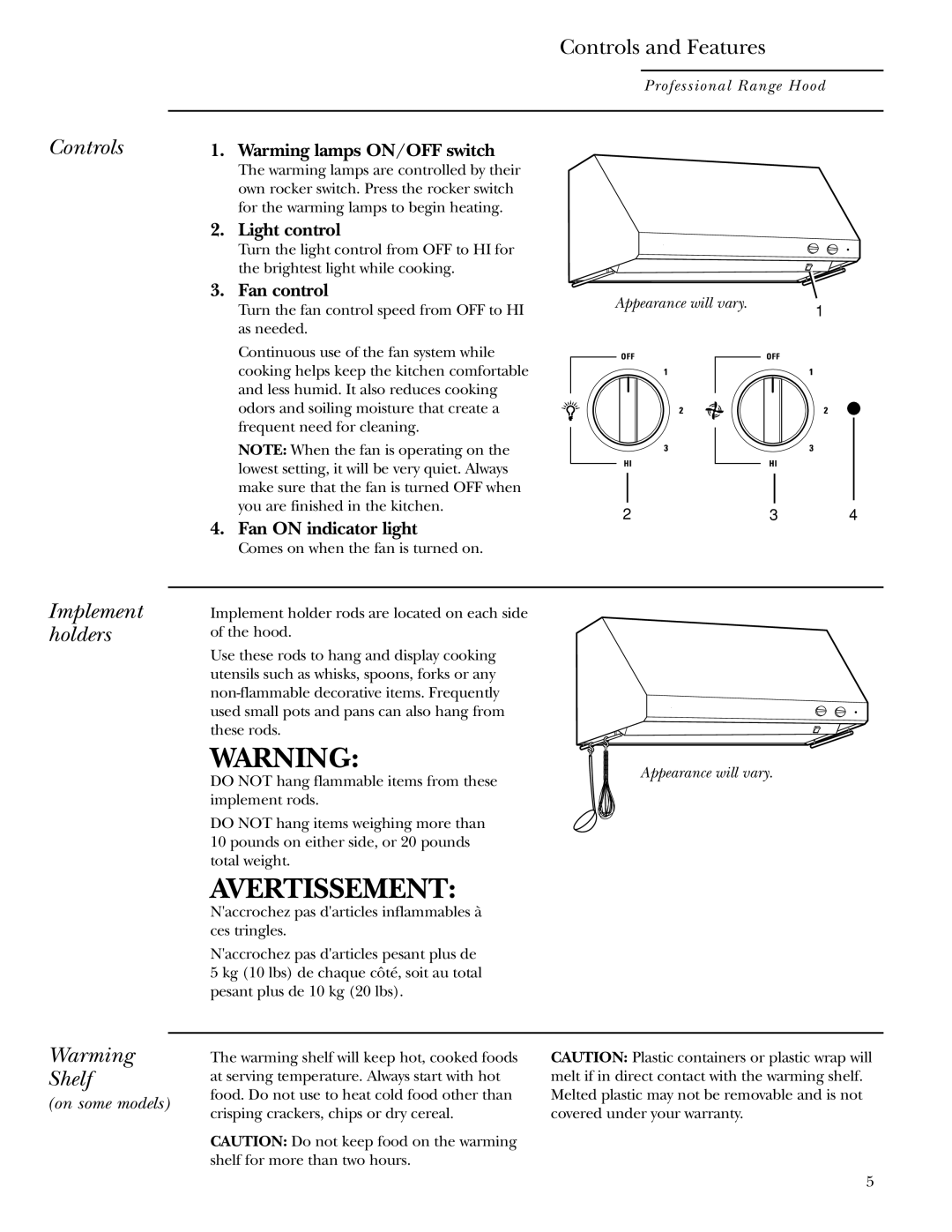 GE Monogram ZV30 ZV36 ZV48 owner manual Controls, Implement holders Warming Shelf 