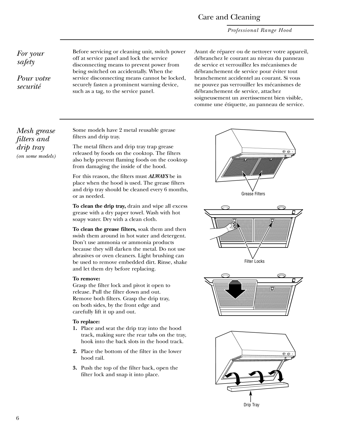 GE Monogram ZV30 ZV36 ZV48 owner manual For your safety Pour votre securité, Mesh grease filters and drip tray, To replace 