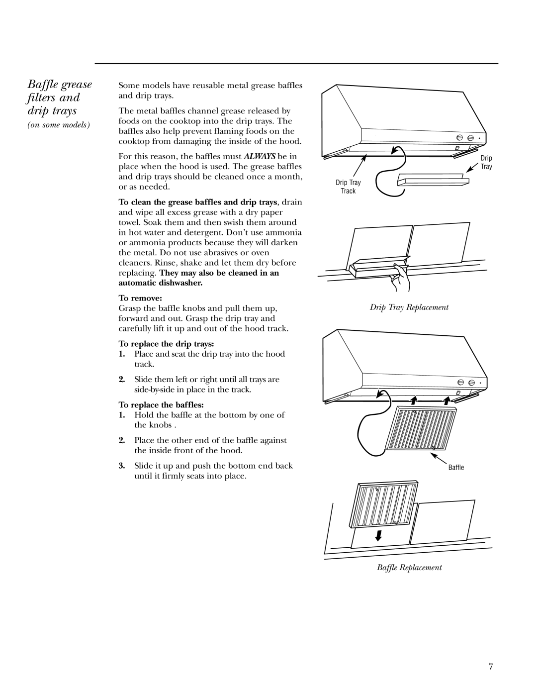 GE Monogram ZV30 ZV36 ZV48 Baffle grease filters and drip trays, To replace the drip trays, To replace the baffles 