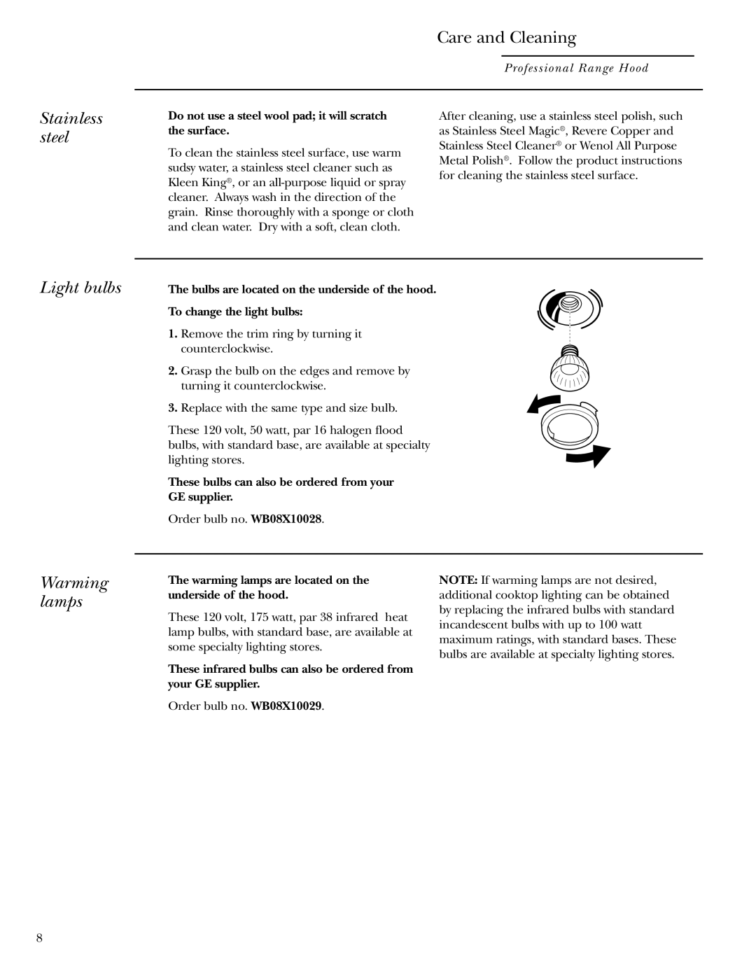 GE Monogram ZV30 ZV36 ZV48 owner manual Stainless steel, Light bulbs, Warming lamps 