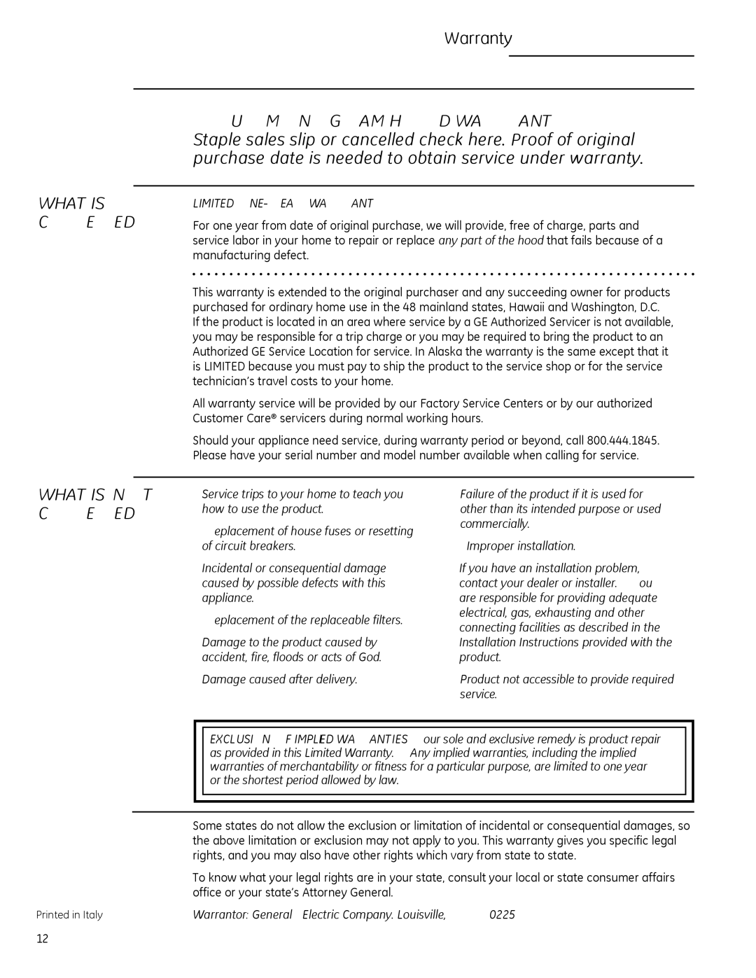 GE Monogram ZV30H owner manual Warranty, Warrantor General Electric Company. Louisville, KY 