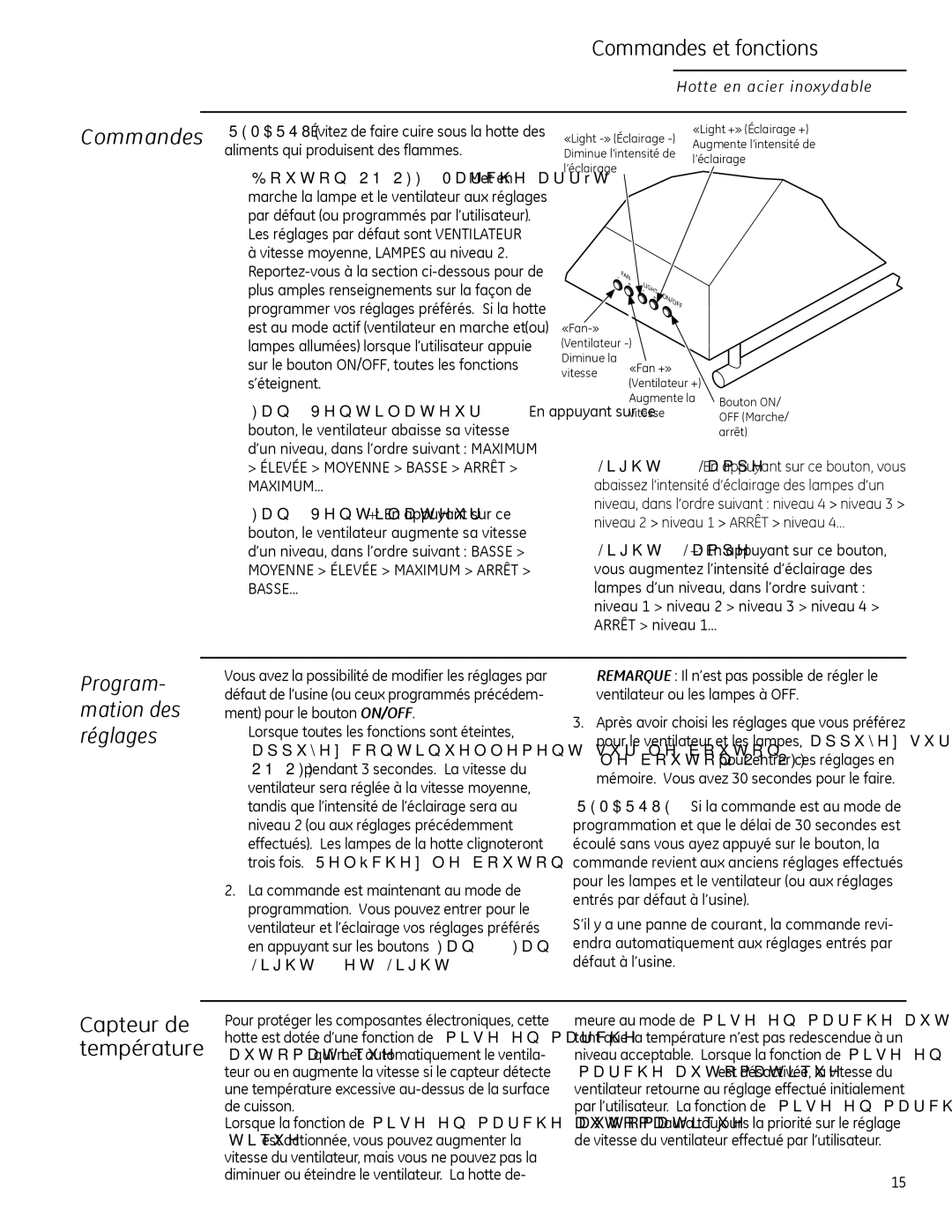 GE Monogram ZV30H Commandes et fonctions, Capteur de température, Program- mation des réglages, Light + et Light 