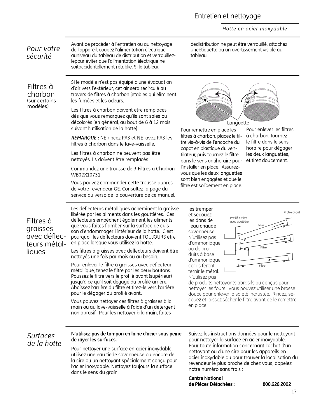 GE Monogram ZV30H Entretien et nettoyage, Filtres à charbon, Filtres à graisses avec déflec- teurs métal- liques 