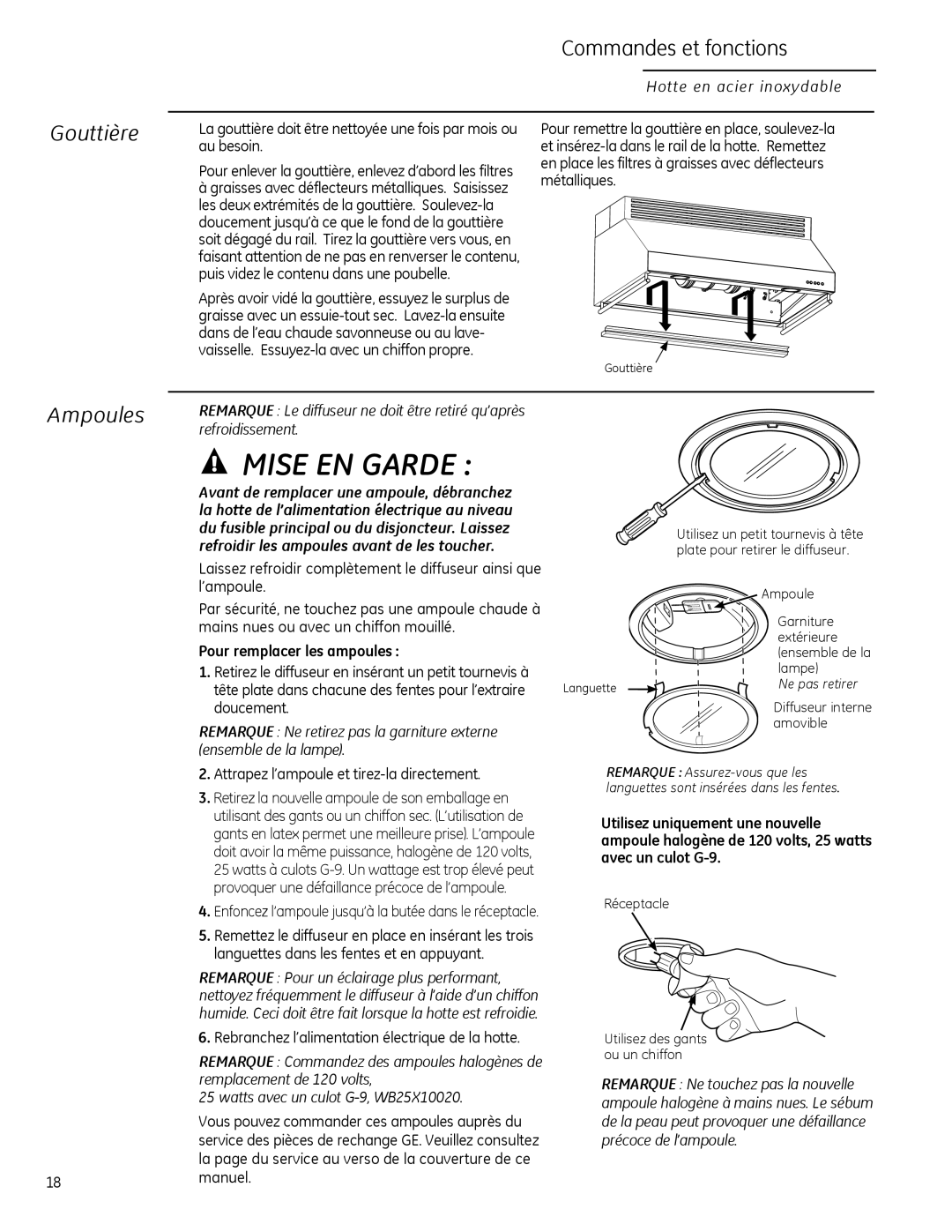 GE Monogram ZV30H owner manual Gouttière, Ampoules, Pour remplacer les ampoules 