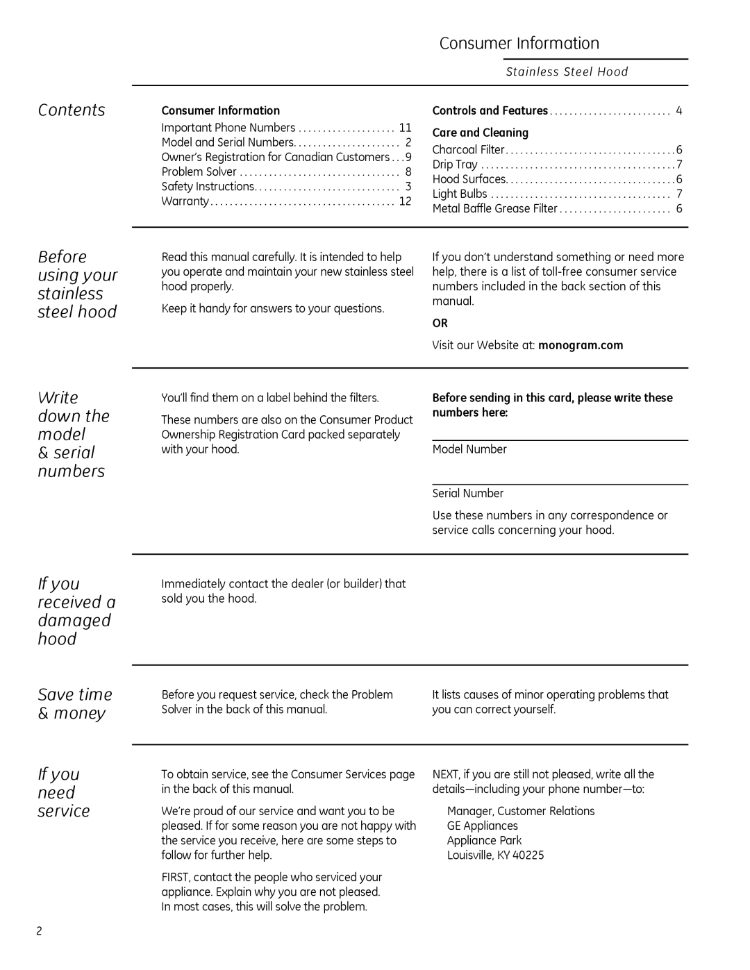 GE Monogram ZV30H Contents Consumer Information, Before using your stainless steel hood, If you received a damaged hood 