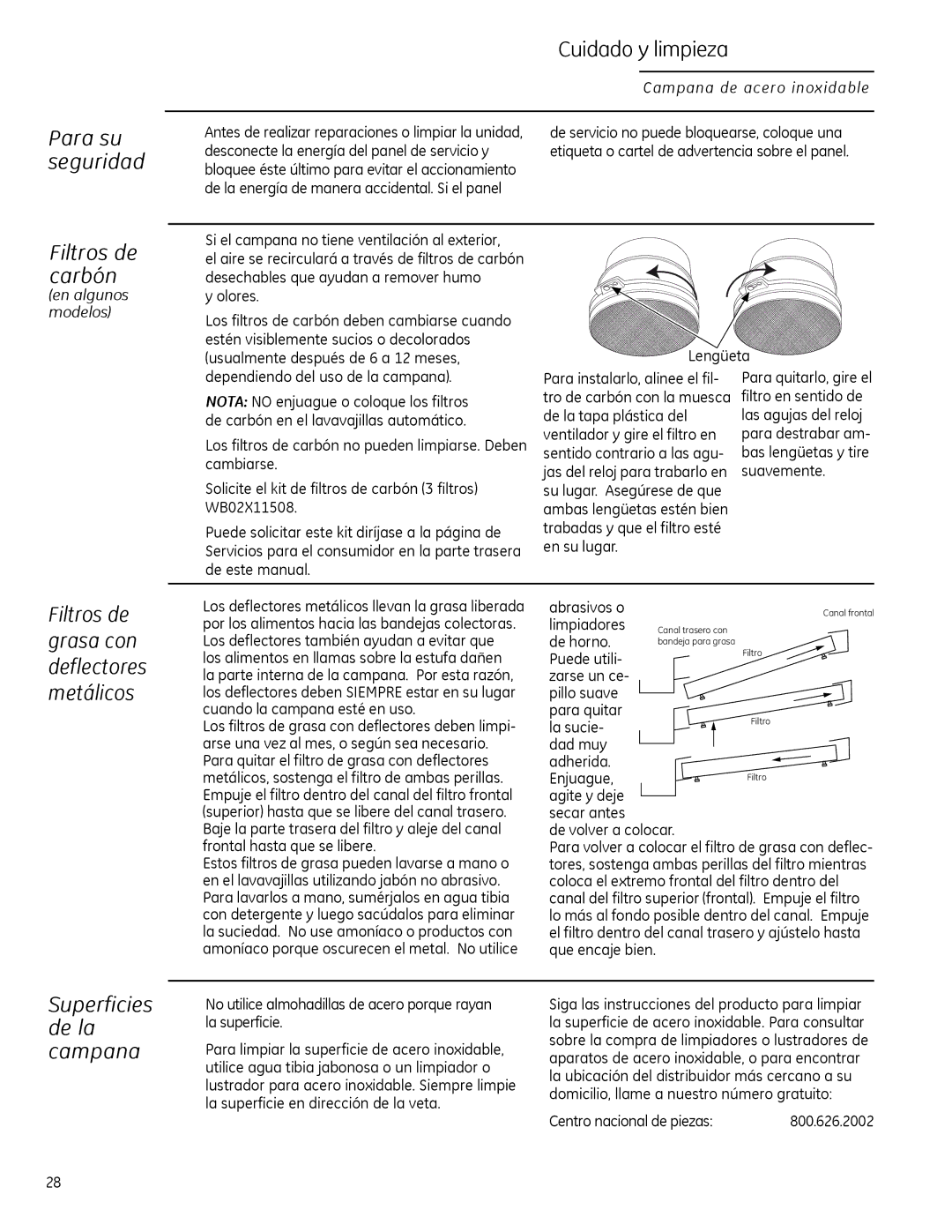 GE Monogram ZV30H owner manual Cuidado y limpieza, Filtros de carbón, Para su seguridad, Superficies de la campana 