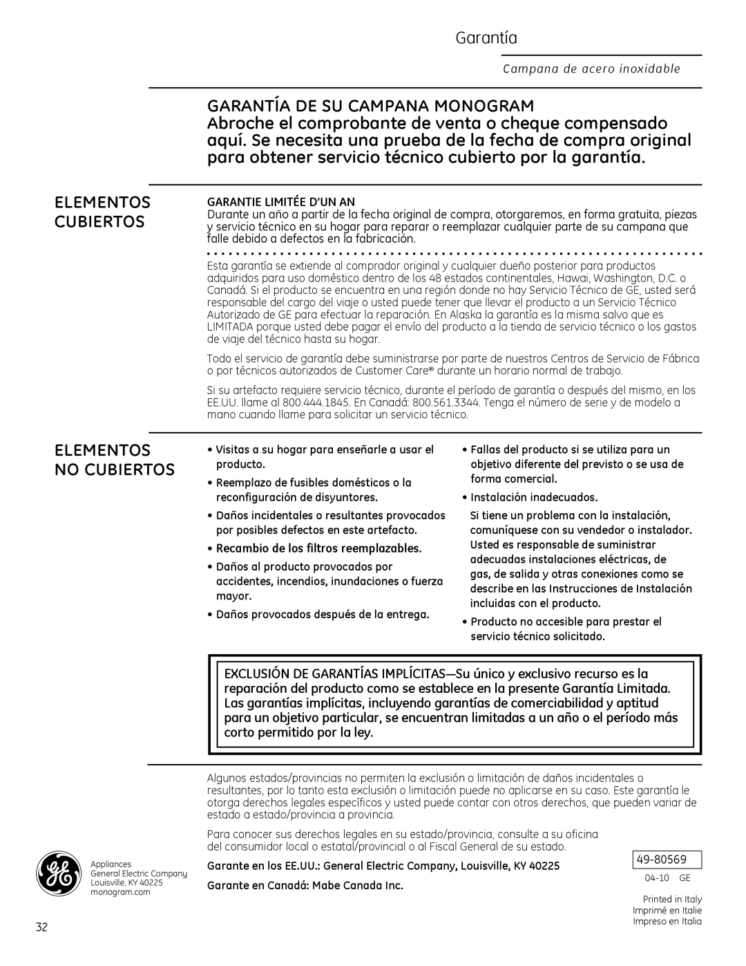 GE Monogram ZV30H Garantía, Visitas a su hogar para enseñarle a usar el producto, Garante en Canadá Mabe Canada Inc 