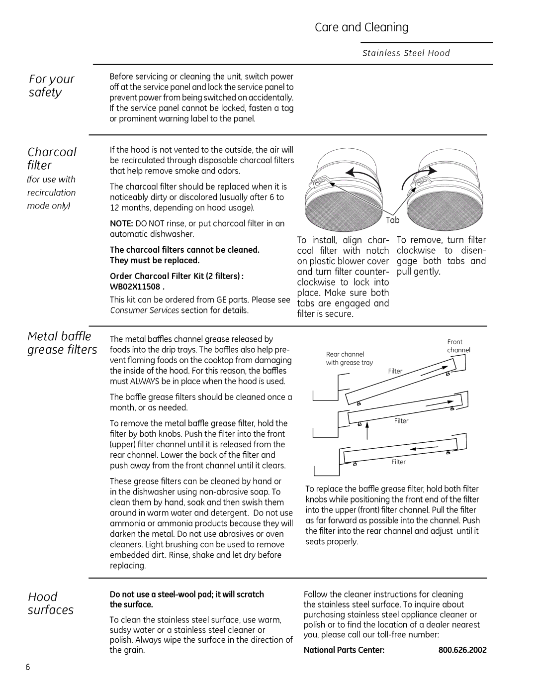 GE Monogram ZV30H For your safety, Care and Cleaning, Charcoal filter, Hood surfaces, Metal baffle grease filters 