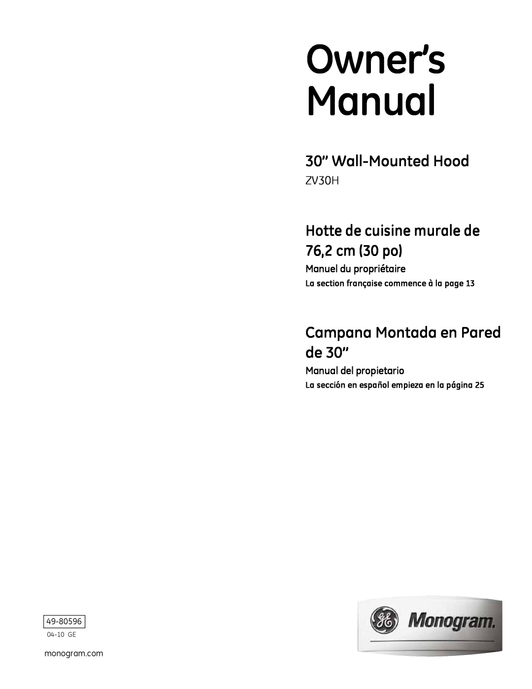 GE Monogram ZV30H owner manual 30” Wall-MountedHood, Hotte de cuisine murale de 76,2 cm 30 po, Manuel du propriétaire 