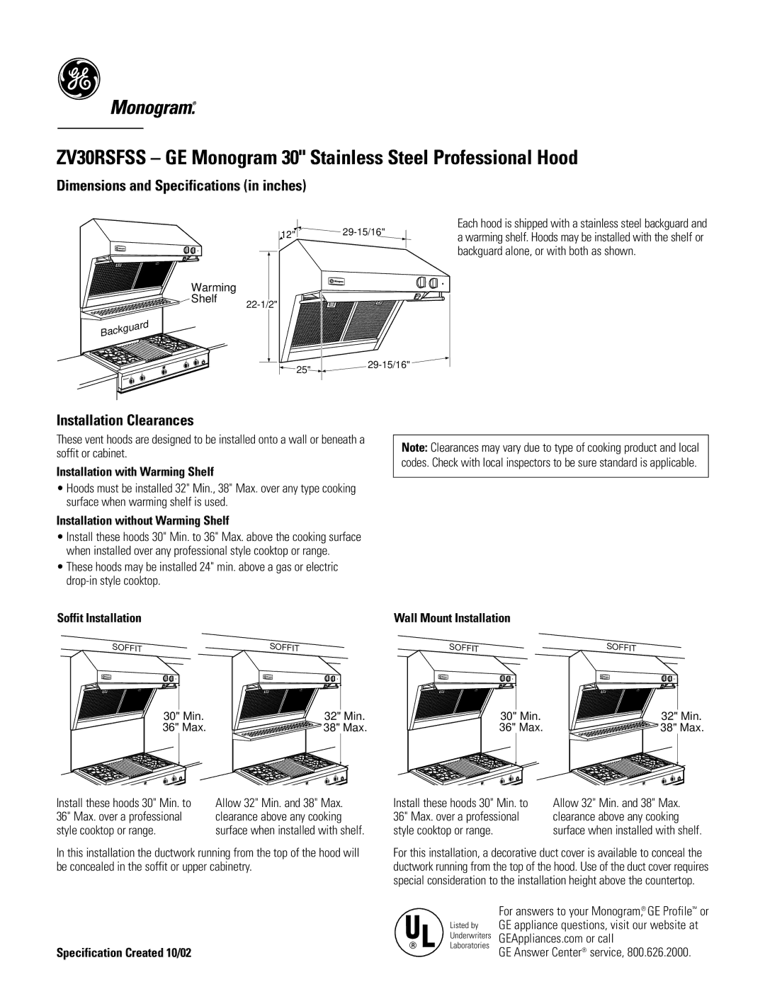 GE Monogram ZV30RSFSS dimensions Dimensions and Specifications in inches, Installation Clearances 