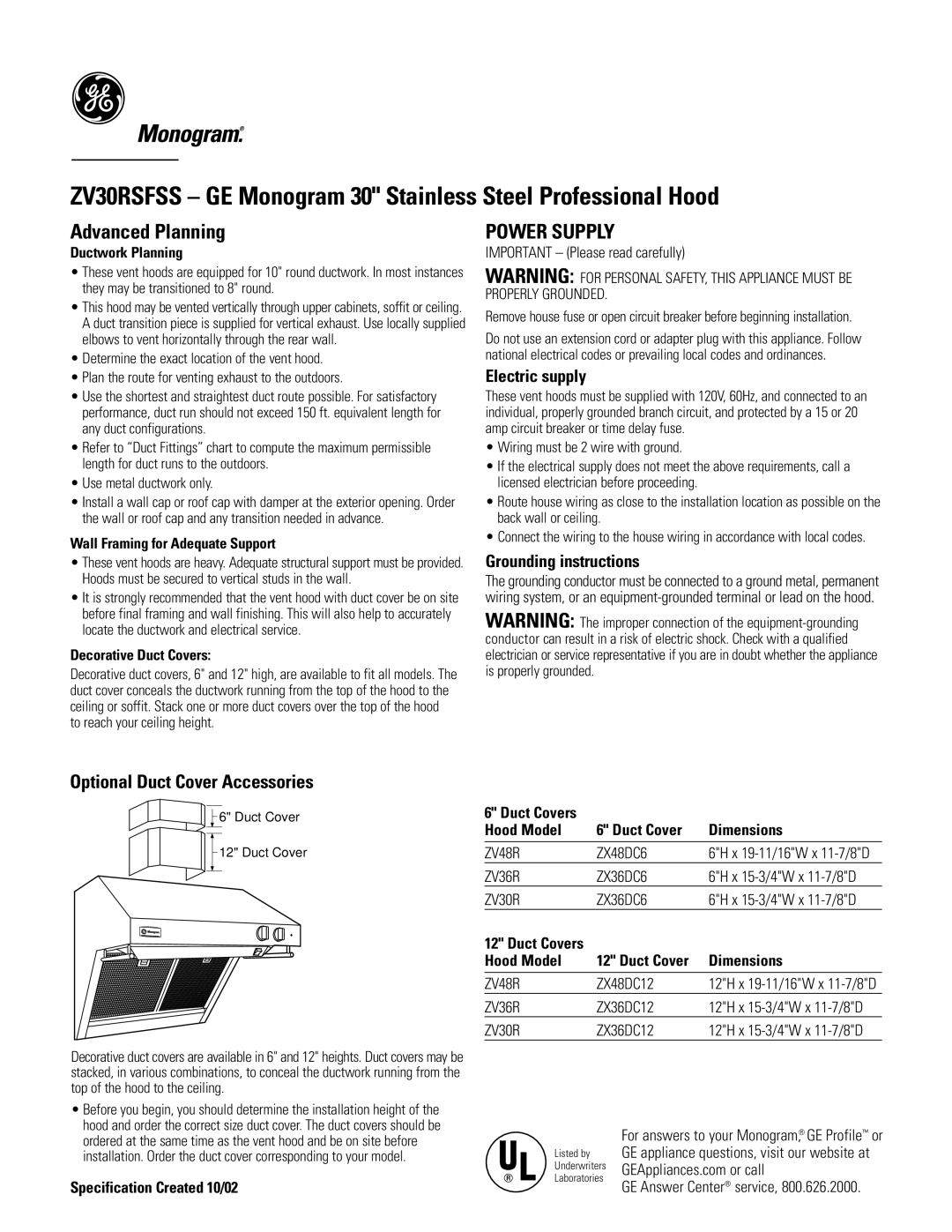 GE Monogram ZV30RSFSS dimensions Optional Duct Cover Accessories, Ductwork Planning, Wall Framing for Adequate Support 