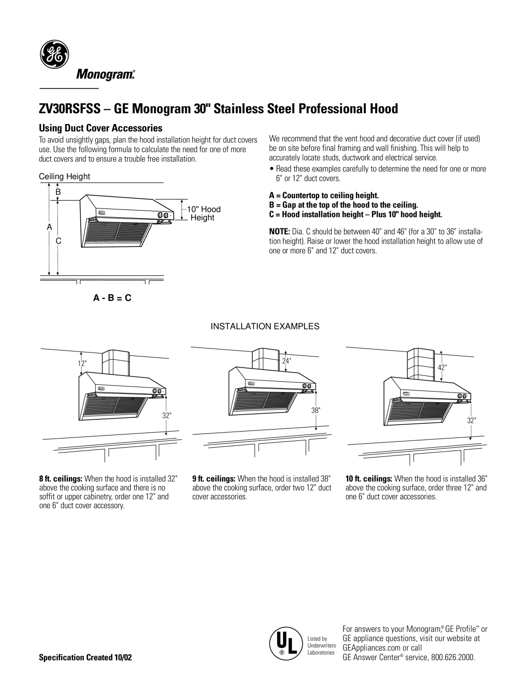 GE Monogram ZV30RSFSS dimensions Using Duct Cover Accessories, GE Answer Center service 