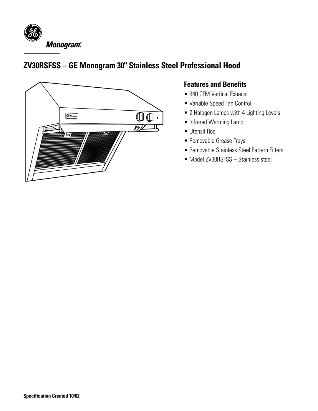 GE Monogram ZV30RSFSS dimensions Features and Benefits 