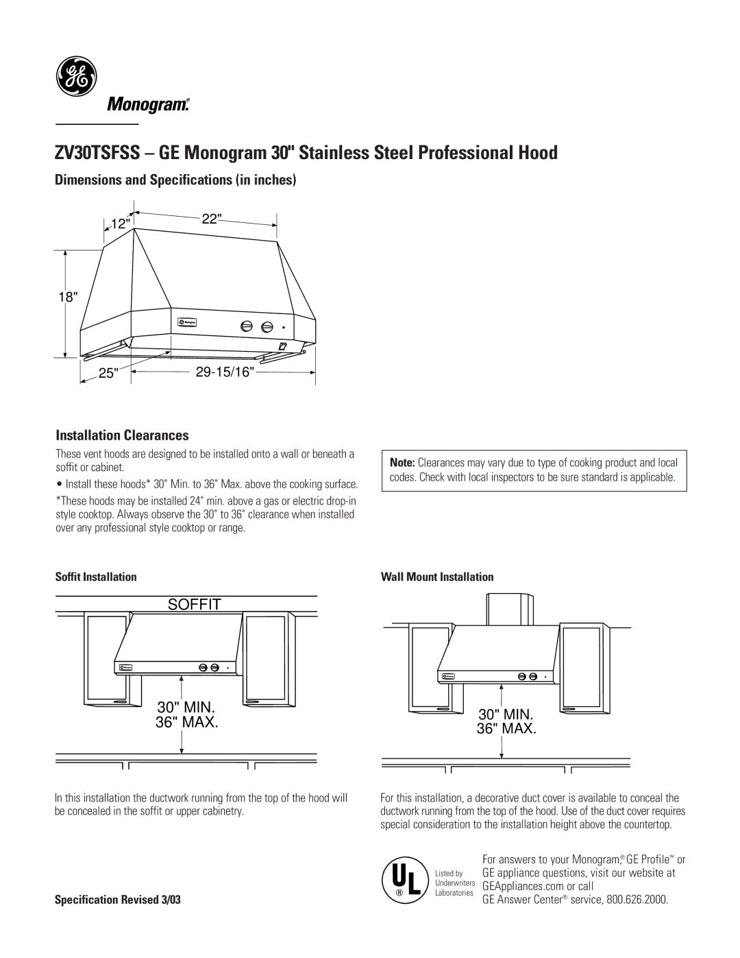 GE Monogram ZV30TSFSS dimensions Dimensions and Specifications in inches, Installation Clearances 