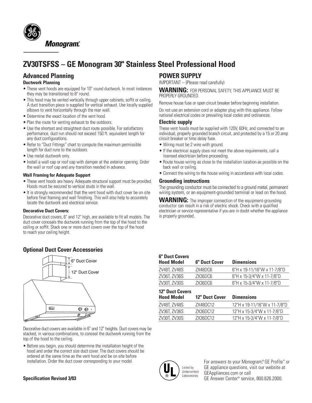 GE Monogram ZV30TSFSS dimensions Advanced Planning, Optional Duct Cover Accessories 