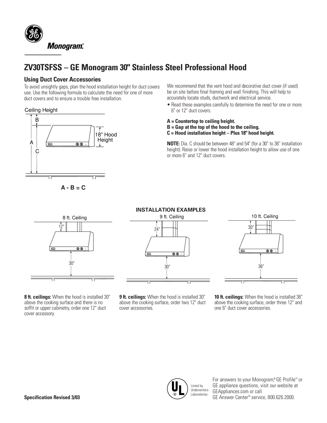 GE Monogram ZV30TSFSS dimensions Using Duct Cover Accessories, Ceiling Height Hood 