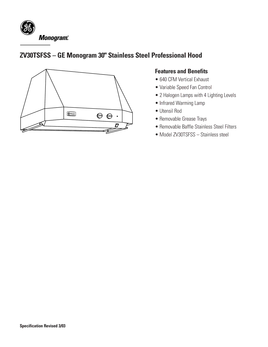 GE Monogram ZV30TSFSS dimensions Features and Benefits 