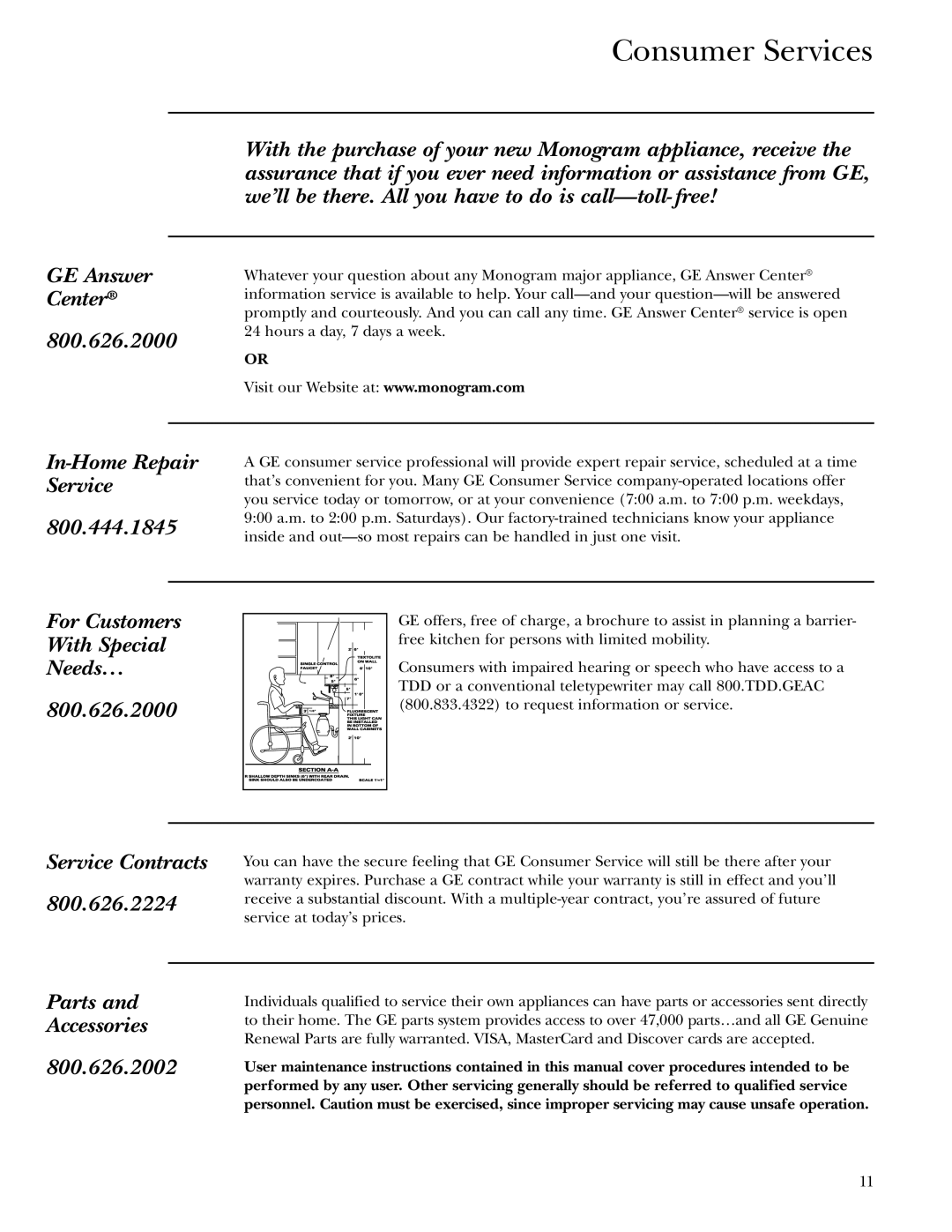 GE Monogram ZV30, ZV36, ZV48 owner manual Consumer Services 