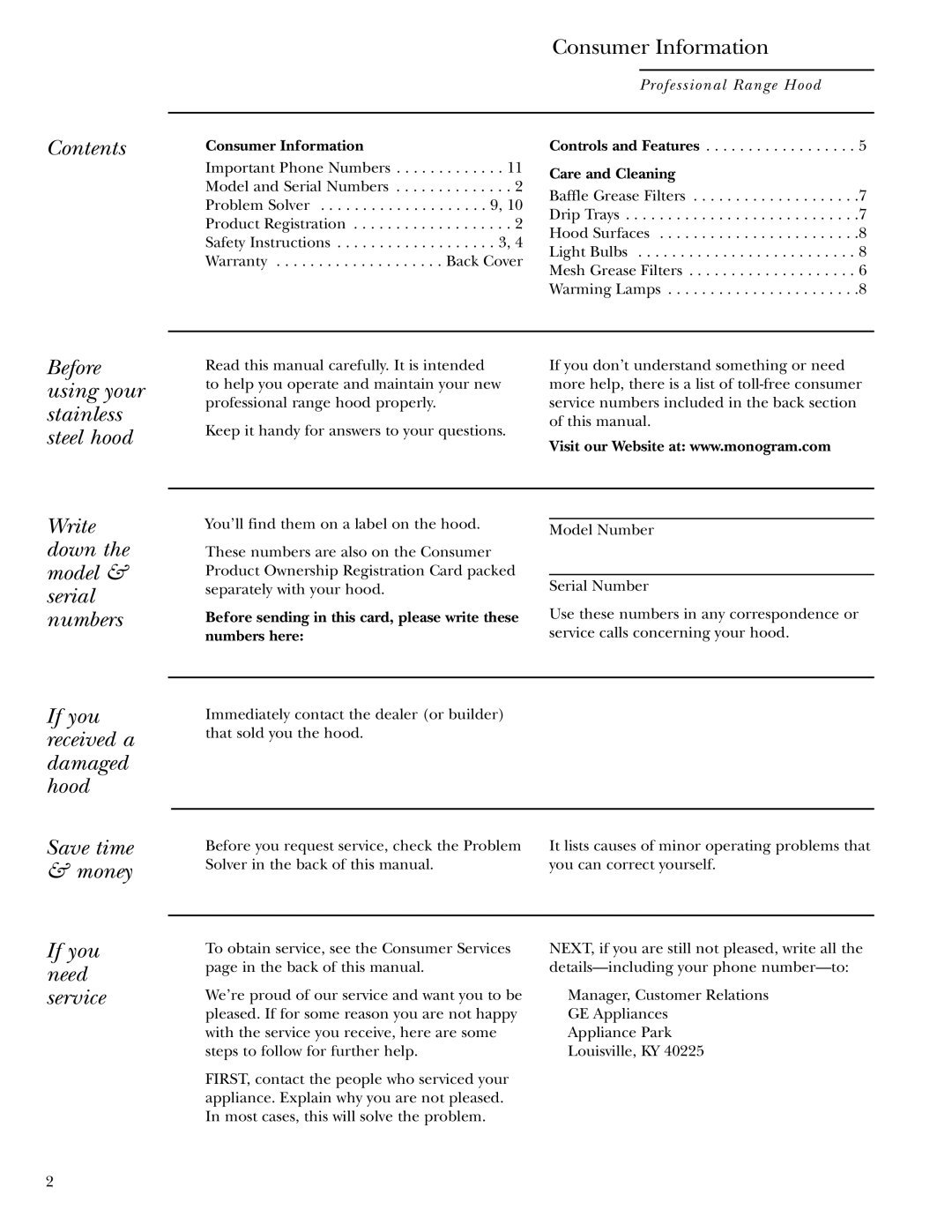 GE Monogram ZV30, ZV36, ZV48 Contents Consumer Information, Before using your stainless steel hood, If you need service 