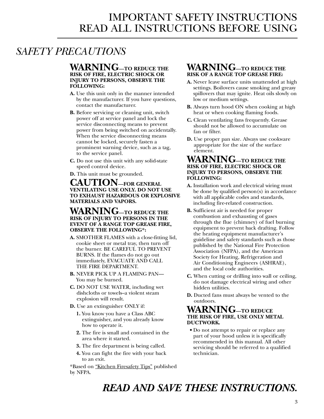 GE Monogram ZV36, ZV48, ZV30 owner manual Read and Save These Instructions 