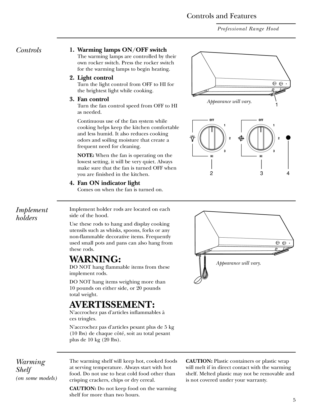 GE Monogram ZV30, ZV36, ZV48 owner manual Controls, Implement holders Warming Shelf 