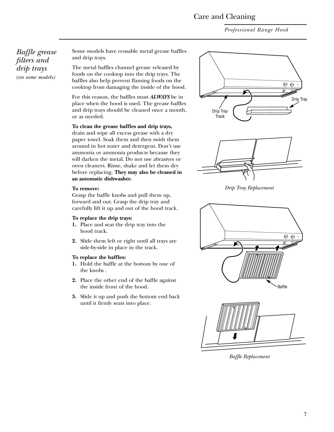 GE Monogram ZV48 Baffle grease filters and drip trays, To clean the grease baffles and drip trays, To replace the baffles 