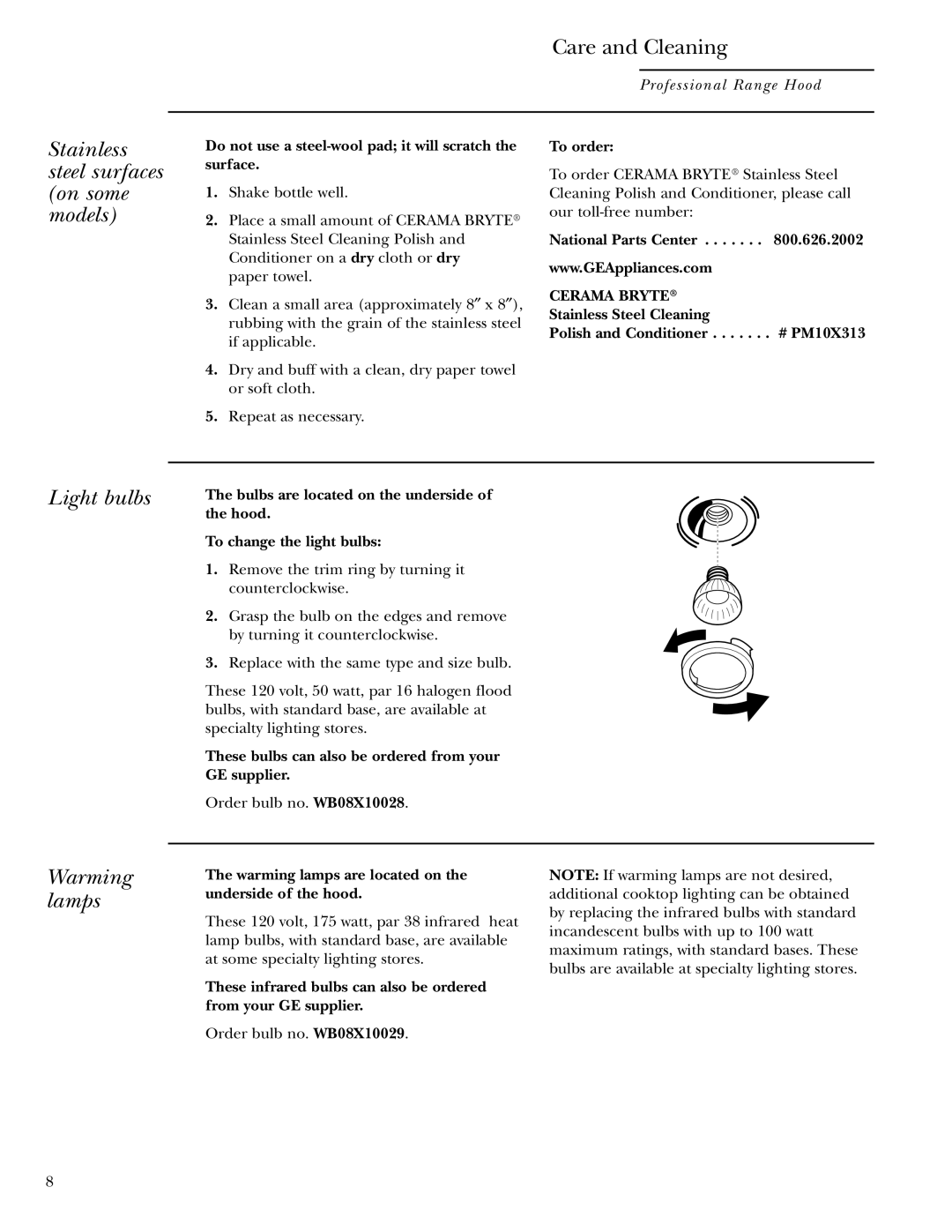 GE Monogram ZV30, ZV36, ZV48 owner manual Stainless steel surfaces on some models, Light bulbs, Warming lamps 
