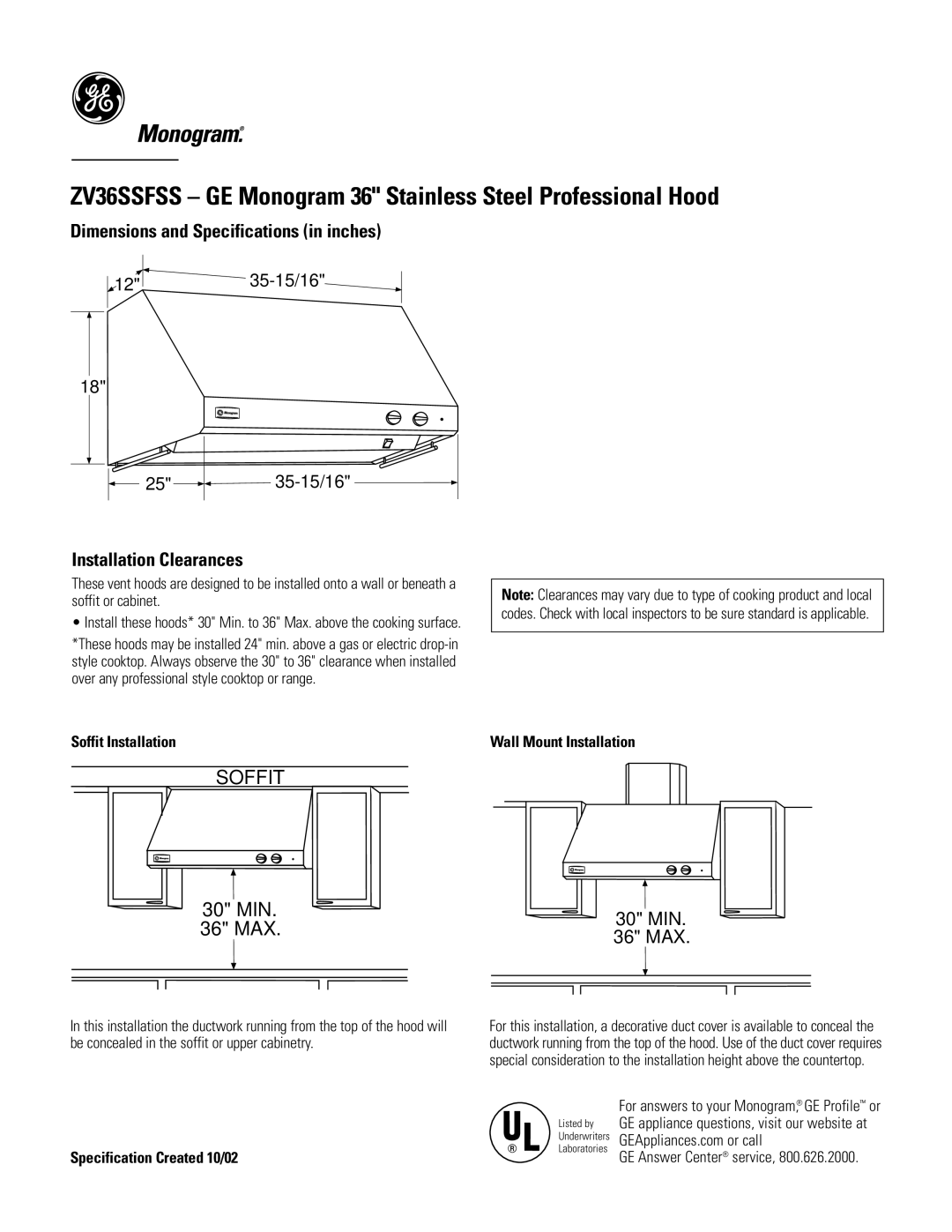 GE Monogram ZV36SSFSS dimensions Dimensions and Specifications in inches, Installation Clearances 