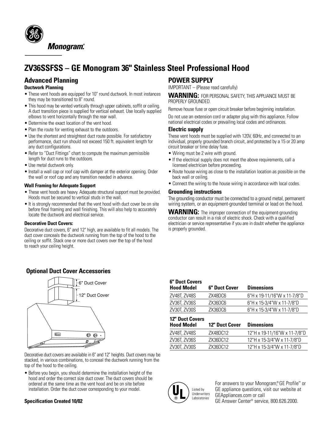 GE Monogram ZV36SSFSS dimensions Advanced Planning, Optional Duct Cover Accessories 