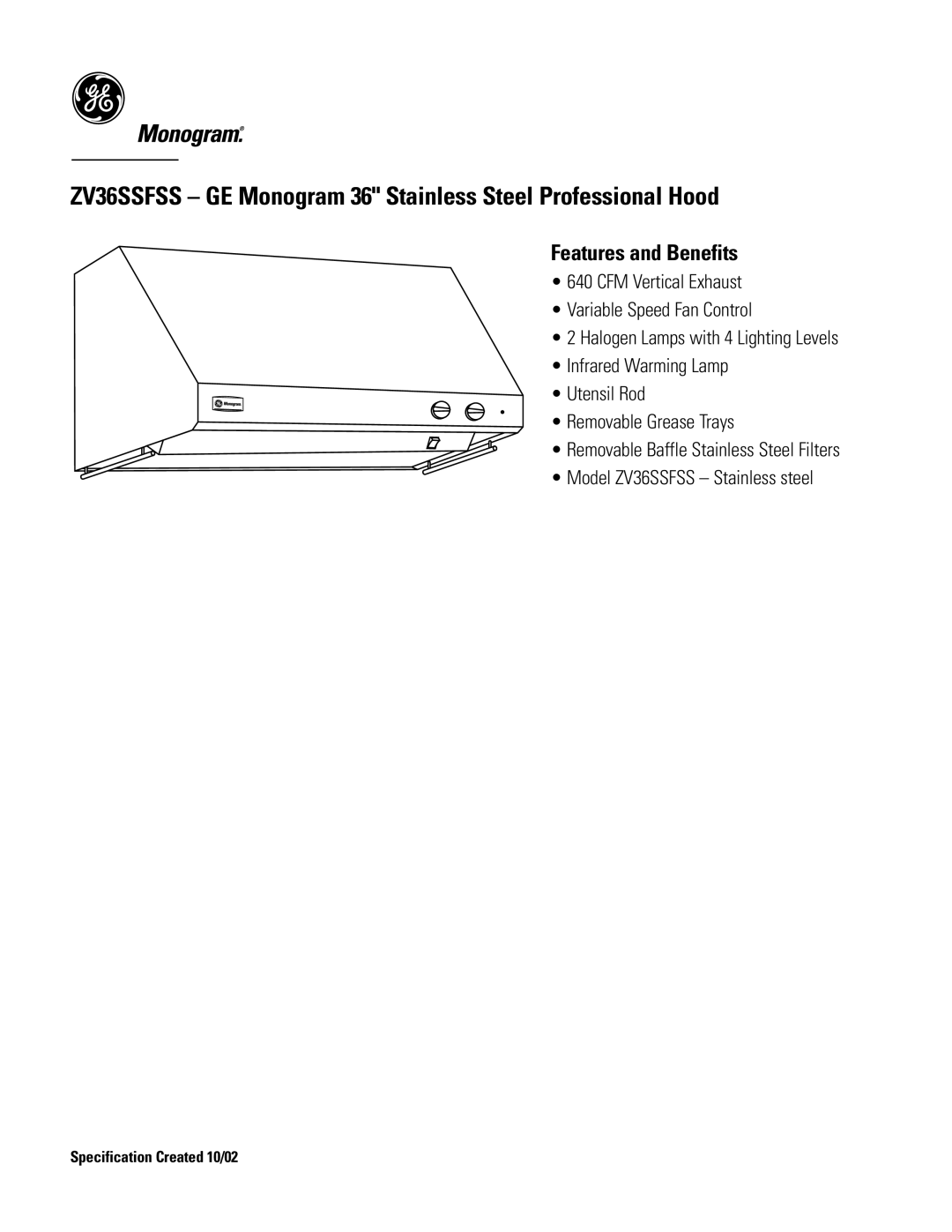 GE Monogram ZV36SSFSS dimensions Features and Benefits 