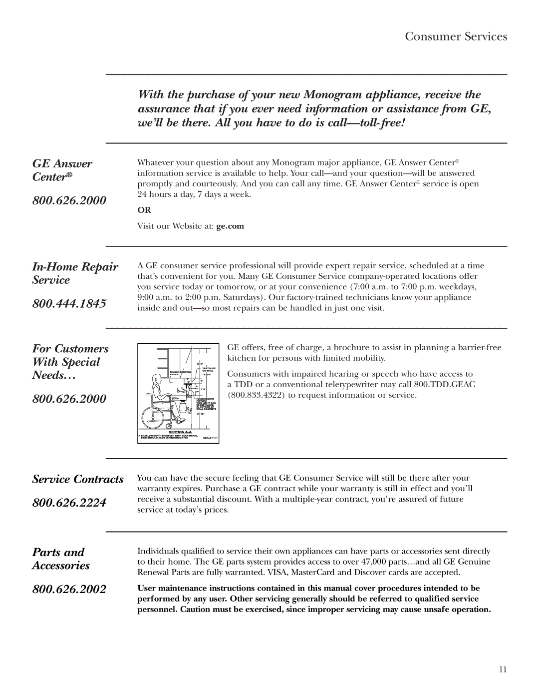 GE Monogram ZV54, ZV42 owner manual In-Home Repair Service 800.444.1845 