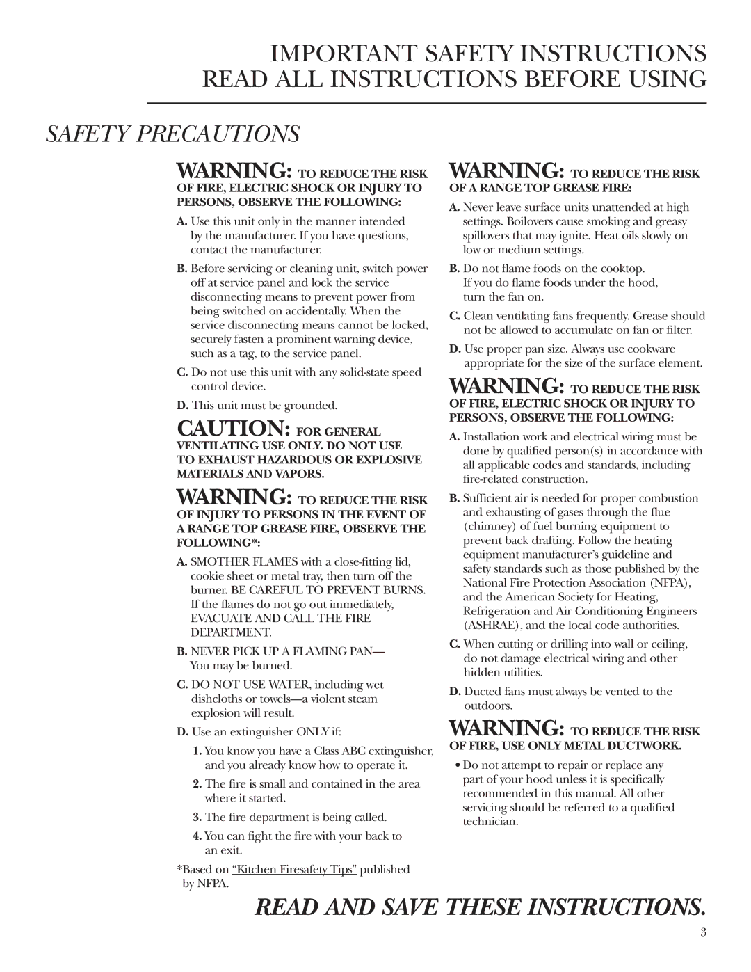 GE Monogram ZV54, ZV42 owner manual Read and Save These Instructions 