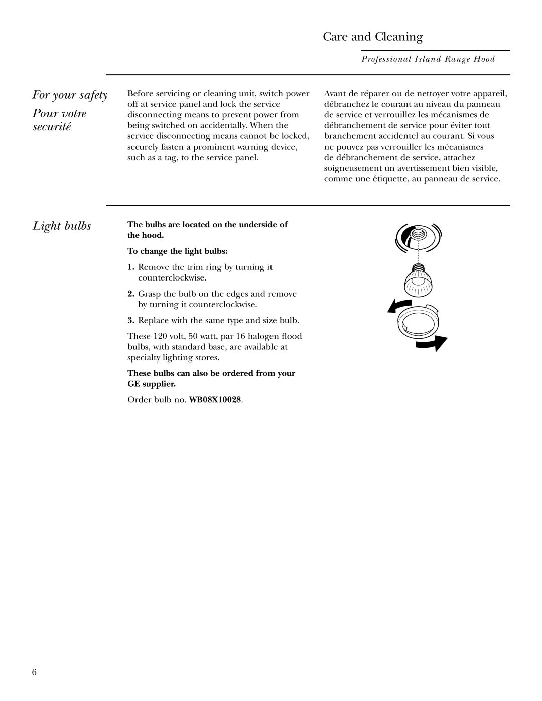 GE Monogram ZV42, ZV54 owner manual For your safety Pour votre securité, Light bulbs 