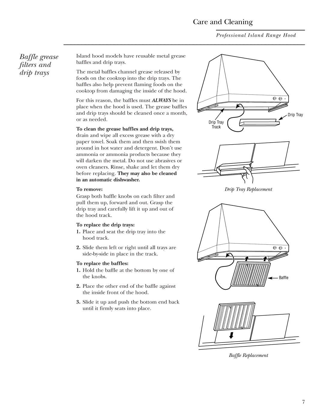 GE Monogram ZV54, ZV42 owner manual Baffle grease filters and drip trays, To clean the grease baffles and drip trays 