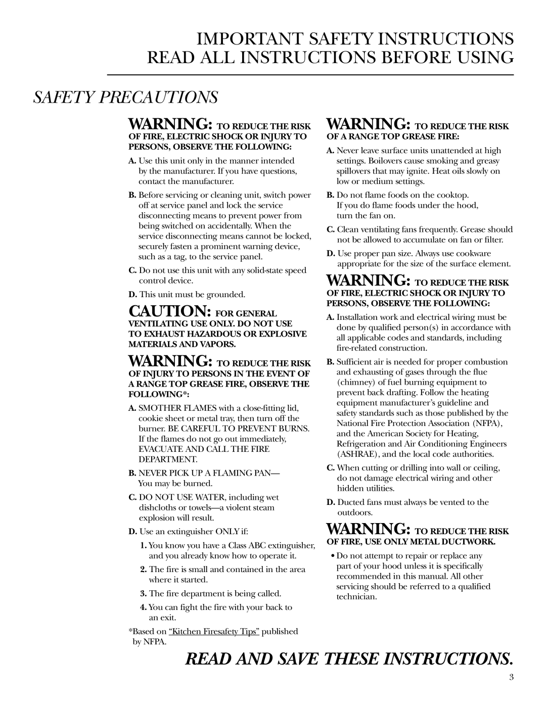 GE Monogram ZV54, ZV42 owner manual Safety Precautions, Read And Save These Instructions 
