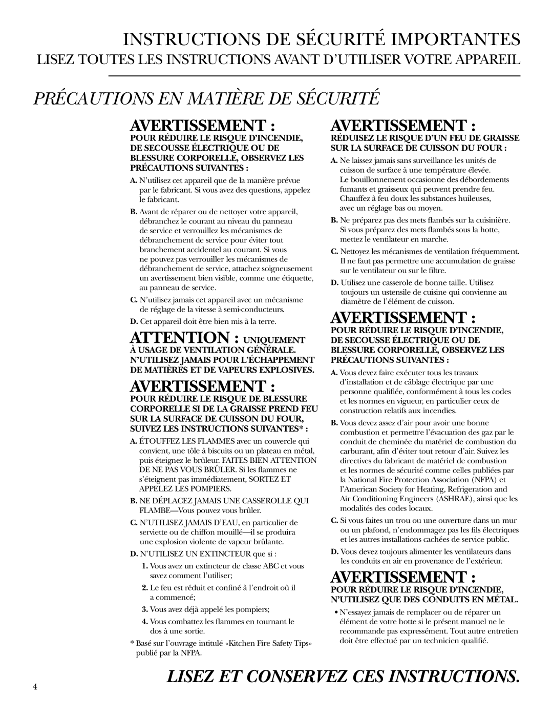 GE Monogram ZV42, ZV54 owner manual Instructions De Sécurité Importantes, Précautions En Matière De Sécurité, Avertissement 
